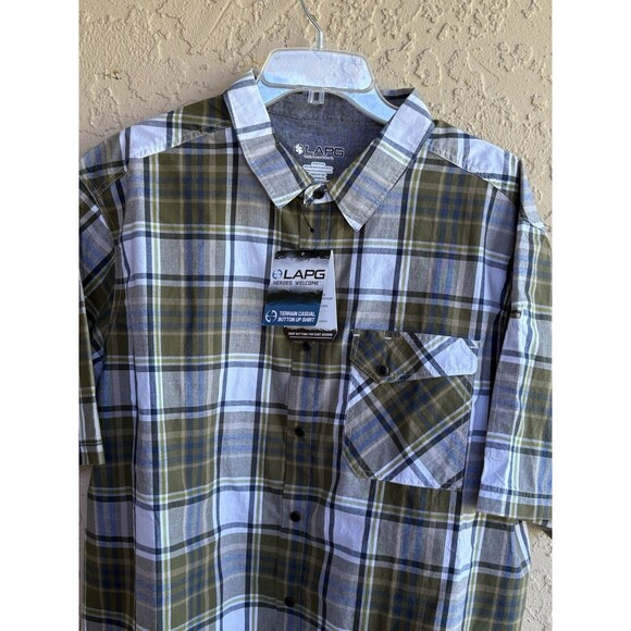 LAPG NWT Green White Cotton Plaid Terrain Shirt Mens X-Large Pocket Short Sleeve - Picture 6 of 10